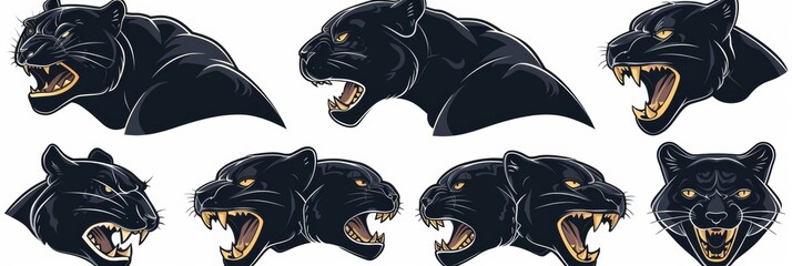 Set black panthers with open mouths and sharp teeth.