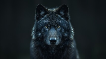 Fototapeta premium Majestic black wolf staring intently in a dark forest during early evening
