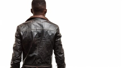 Obraz premium Man in leather jacket facing blank space, indoor setting, fashion imagery