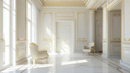 Fototapeta premium Elegant white interior with gold trim and marble floor.