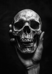 Fototapeta premium Hand holding a skull in dim light suggesting mystery.