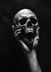 Fototapeta premium Hand gripping a skull with strong, artistic shadows.