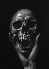 Obraz premium Monochrome image of a skull lifted by a hand solemnly.