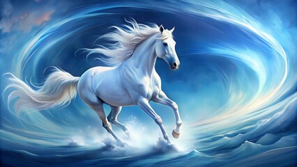 Naklejka premium Ethereal Gallop: A White Horse in a Dreamlike Blue and White Landscape generative AI
