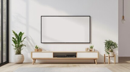 Fototapeta premium Minimalist Living Room Interior Design with TV and Plants