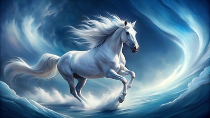 Abstract Painting of a White Horse Running Through a Blue and White Landscape - Ethereal Gallop  AI Generated