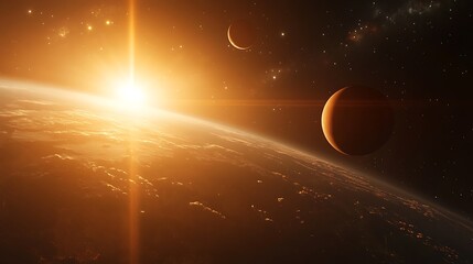 A Celestial Landscape with a Rising Sun, a Planet, and Stars