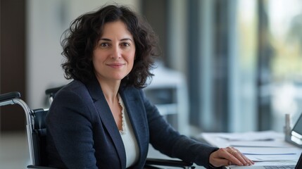 Confident Professional MiddleAged Woman in Business Attire Sitting at Desk in Modern Office Environment