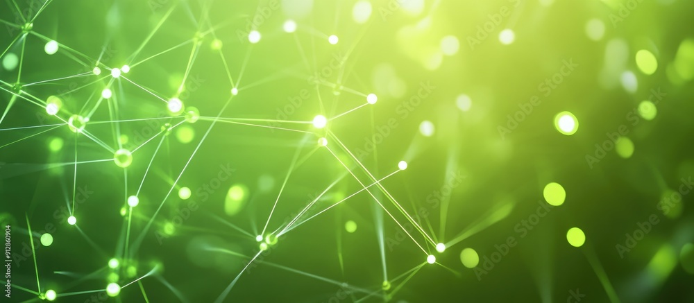 Poster illuminated green dots connected by lines moving across a gradient background digitally generated co