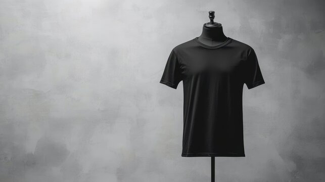 Blank black t-shirt displayed on a mannequin in a minimalist setting, offering a stylish backdrop for custom artwork or promotional content