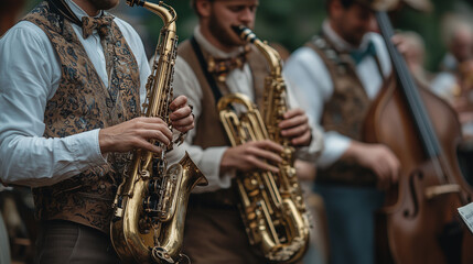 Naklejka premium A Bavarian band in festive costumes performs traditional music, capturing the joy of Oktoberfest. 