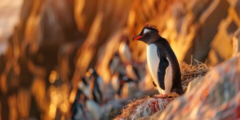 Rockhopper penguin climbing to its nest