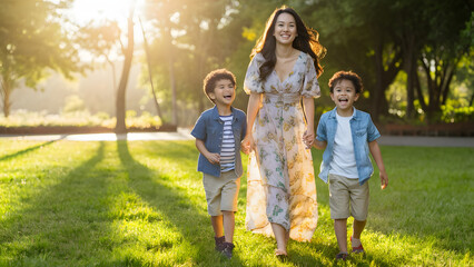 Obraz premium Mother and children walking in nature field at sunset. Family parenting, and motherhood concept.
