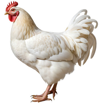 A white hen stands alert, showcasing its pristine plumage and bright red comb. Perfect for agricultural publications, food industry resources, or educational materials. (Transparent PNG background)