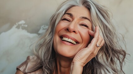 Fototapeta premium Older woman laughing joyfully with genuine happiness.