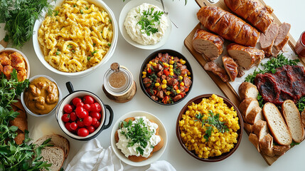 A traditional Bavarian feast is laid out on a large white table, featuring a variety of dishes that represent Oktoberfest flavors.
