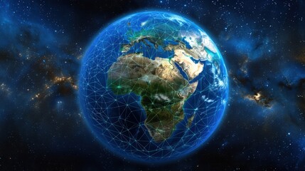 A digital rendering of Earth with glowing network connections, viewed from space, focusing on Africa.