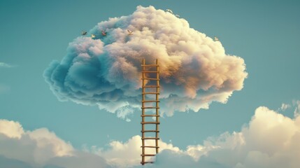 A wooden ladder leading up to a fluffy cloud, with birds perched on the rungs.