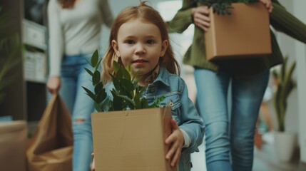 Family moving into a new house, child exploring while parents carry plants and boxes.