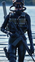 Naklejka premium Black-clad diver with tactical rifle gear standing still