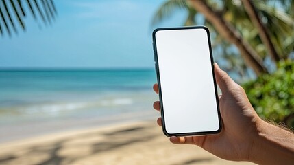Close-up of a hand holding a smartphone with a blank white screen, beach in the background. Ideal for app promotions and digital marketing.