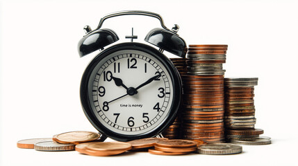 A classic alarm clock alongside rising stacks of coins, vividly illustrating the concept of time value of money and financial growth over time.

