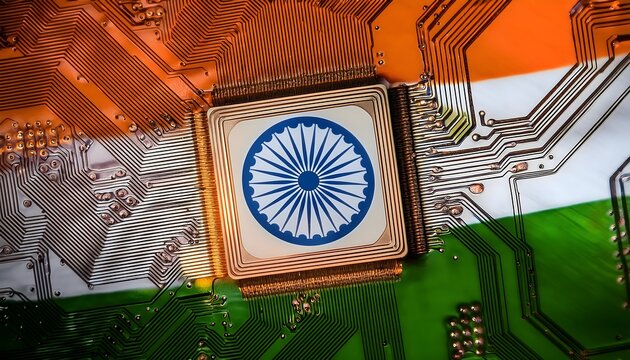 Indian Flag on a Microchip for Technology, Electronics, and Innovation, Celebrating Independence Day, Republic Day, and Technological Advancements