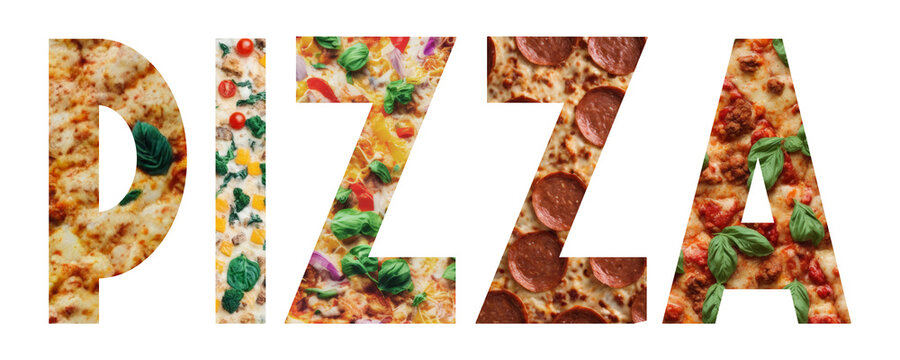 The text PIZZA shaped by diverse toppings and styles, showcasing variety of flavors and ingredients. White background.
