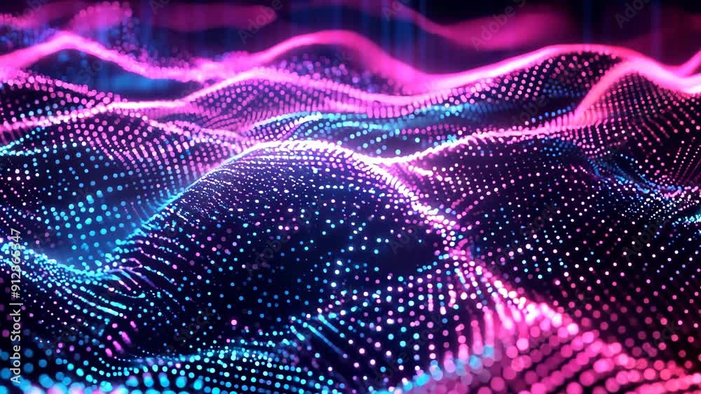 Poster abstract digital particle waves background. future and futuristic technology. neon waveform 3d anima