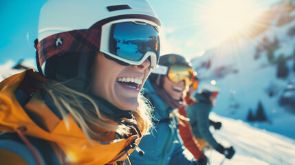 Friends Laughing While Skiing on a Snowy Mountain