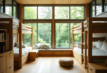 A cozy and colorful bedroom with bunk beds, a window seat, and various decorative elements. The room has a warm, rustic feel with wooden walls and furniture. The beds are made up with colorful bedding