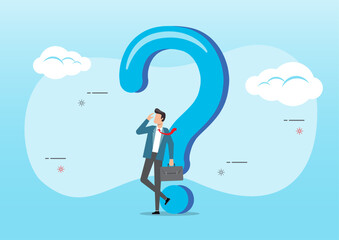 Doubtful businessman thinking about answer with big question mark