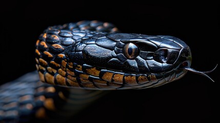 Fototapeta premium Close-up of a black snake with detailed scales and a flicking tongue, set against a black background