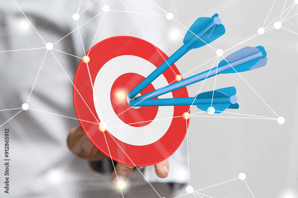 Poster  makes a dart throw on the target. The concept of persistence in business..