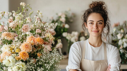 The florist curates lively bouquets in a bright studio, emphasizing the creativity and beauty of bespoke floral arrangements.
