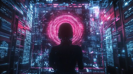 Silhouette of a Person Standing Before a Wall of Digital Data in a Futuristic Setting