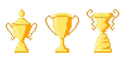 Golden pixel trophy cup isolated on white background. Symbol of Victory. Flat design. Vector illustration.	