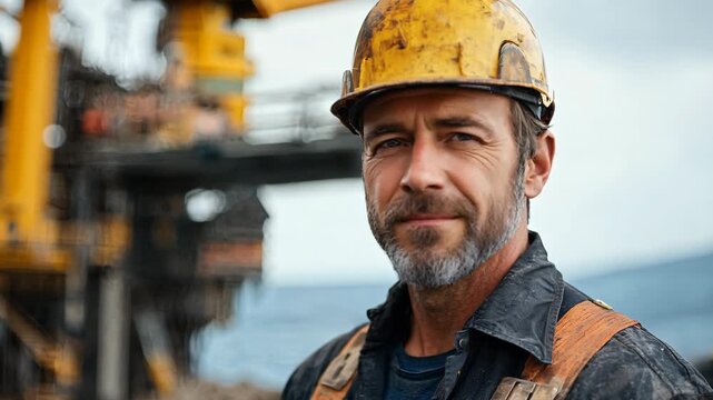 Hardworking oil rig crew member poses at offshore platform during daytime work hours