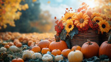 A harvest festival features agricultural displays, competitions, and events, with a basket of yellow-orange flowers and pumpkins celebrating the season.
