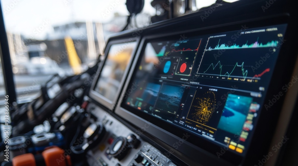 Aufkleber The control station features multiple monitors showing navigation information, sonar data, and real-time analytics for maritime operations.