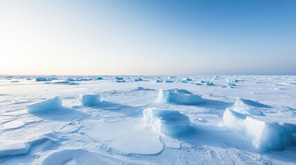 Obraz premium Expansive view of an arctic ice field, showcasing the vast, frozen landscape under a clear sky.
