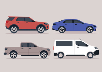 A vibrant display featuring four unique vehicles in varying colors, showcasing their shapes and styles