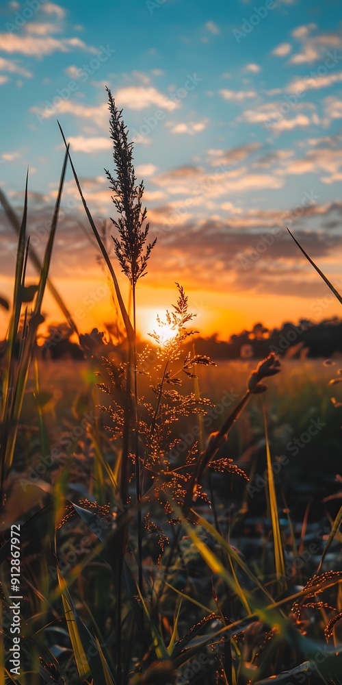 Wall mural silhouette of grass against sunset