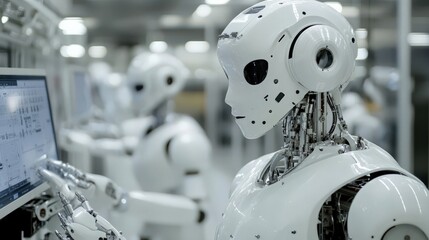 Fototapeta premium White humanoid robot with silver gears and wires interacting with a computer in a factory setting.