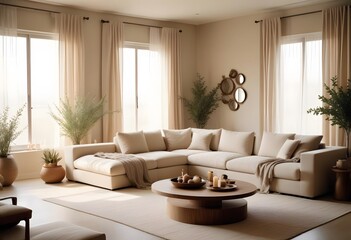 Naklejka premium Interior A cozy living room with a large beige sectional sofa, a wooden coffee table, and framed artwork on the wall. The room has a warm, neutral color palette and a minimalist