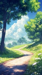 Fototapeta premium Cycling Adventure: An Animated Journey Through Tranquil Country Roads with Spinning Wheels