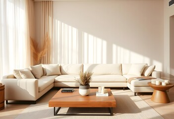 Interior A cozy living room with a large beige sectional sofa, a wooden coffee table, and framed artwork on the wall. The room has a warm, neutral color palette and a minimalist
