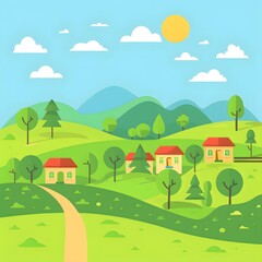 Fototapeta premium Cartoon Illustration of a Green Meadow with Hills and Houses