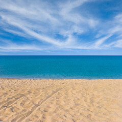 sandy sea beach under a blue cloudy sky