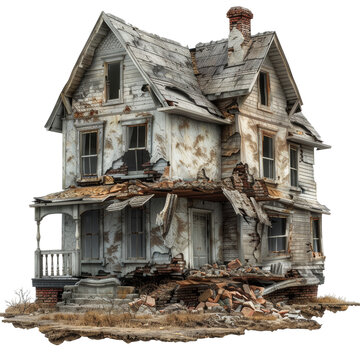 Wrecked House Isolated on Transparent or White Background, PNG